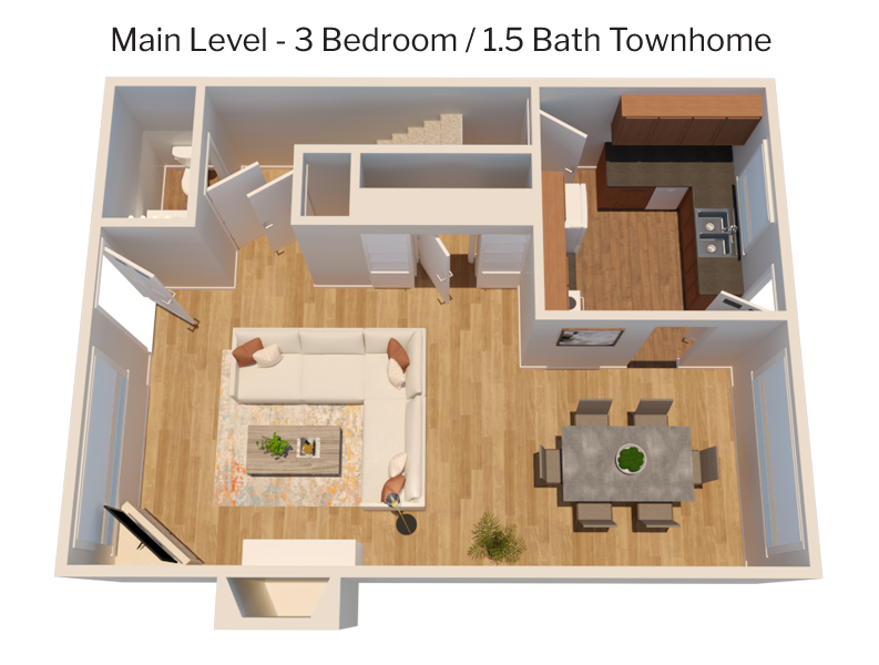 3 bedroom townhome - main level 3D plan