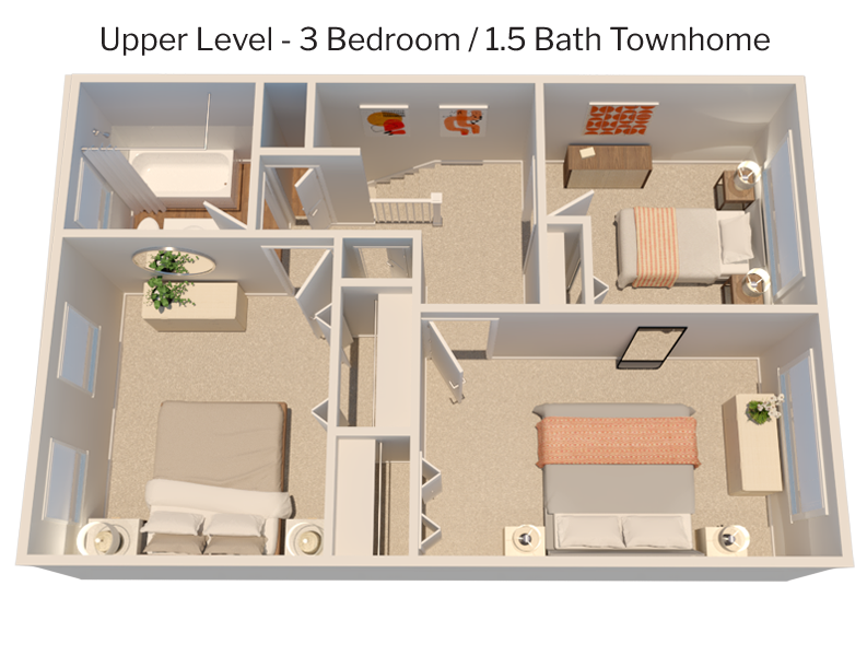 3 bedroom townhome - upper level 3D plan