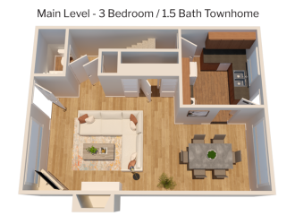 3 bedroom townhome - main level 3D plan