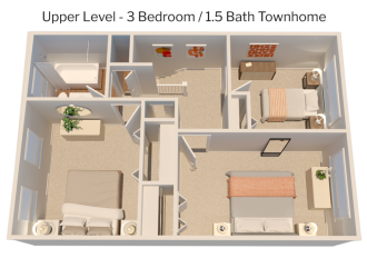 3 bedroom townhome - upper level 3D plan